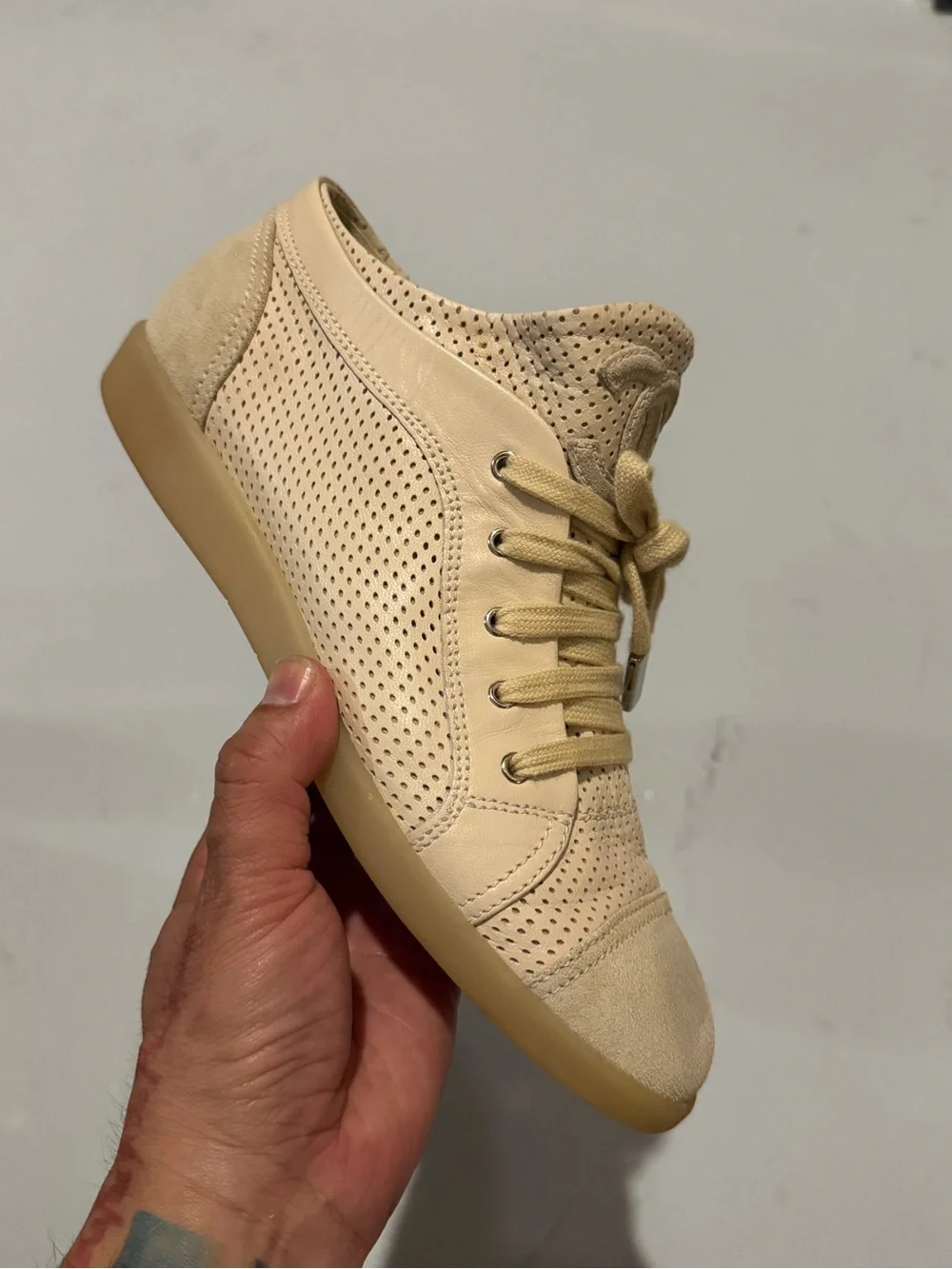 CHANEL Beige Suede Perforated Low-Top Sneakers - Women's